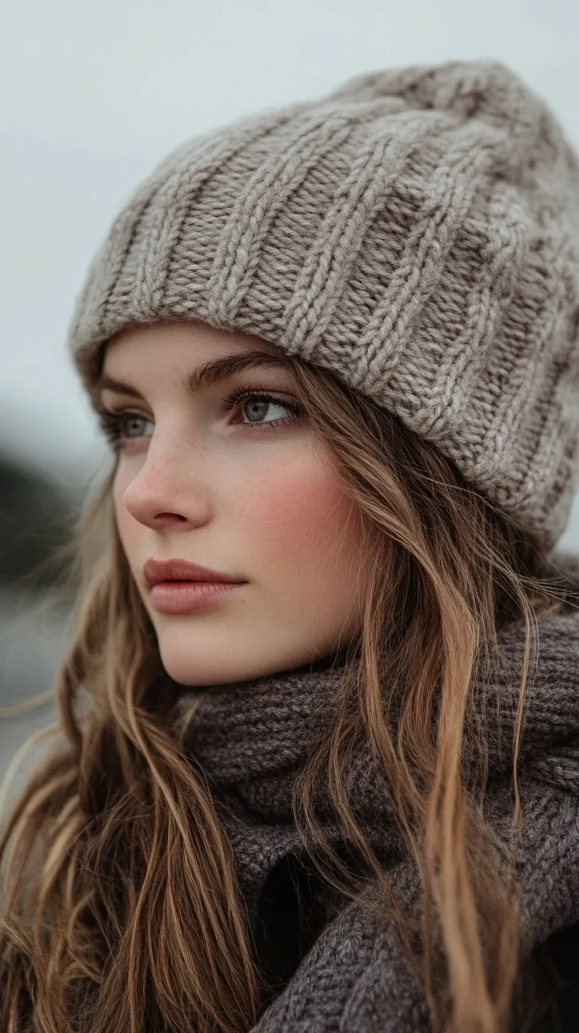 Effortless Winter Chic: Soft Textured Waves Under a Cozy Knit Beanie